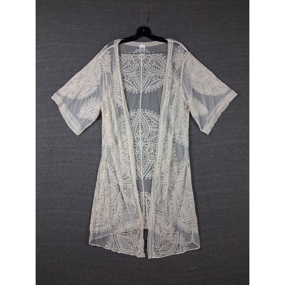 Womens Jacket XL White Sheer‎ Floral Long Whimsy Fairy Boho Ethereal Feminine